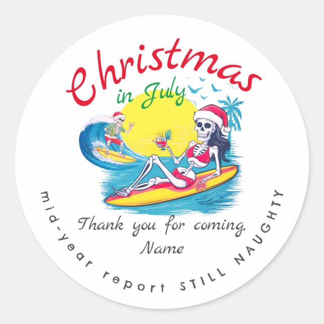 Skeleton Christmas in July Beach Surf Naughty Classic Round Sticker (Front)