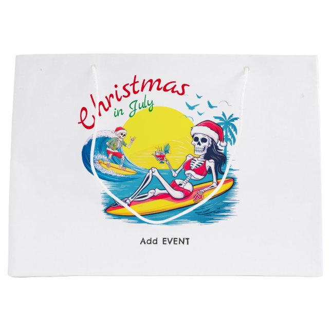 Skeleton Christmas in July Beach Surf Naughty Large Gift Bag (Front)