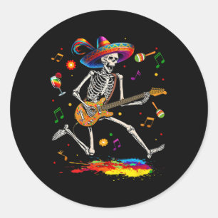Skeleton Cinco De Mayo Mexican Men Electric Guitar Classic Round Sticker