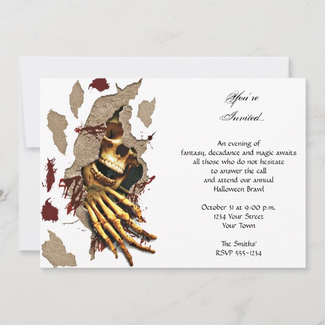 Skeleton Clawing Through Wall Halloween Party Invitation (Front)