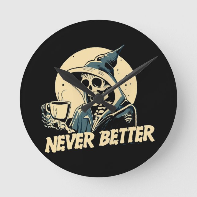 Skeleton Coffee Halloween Round Clock (Front)