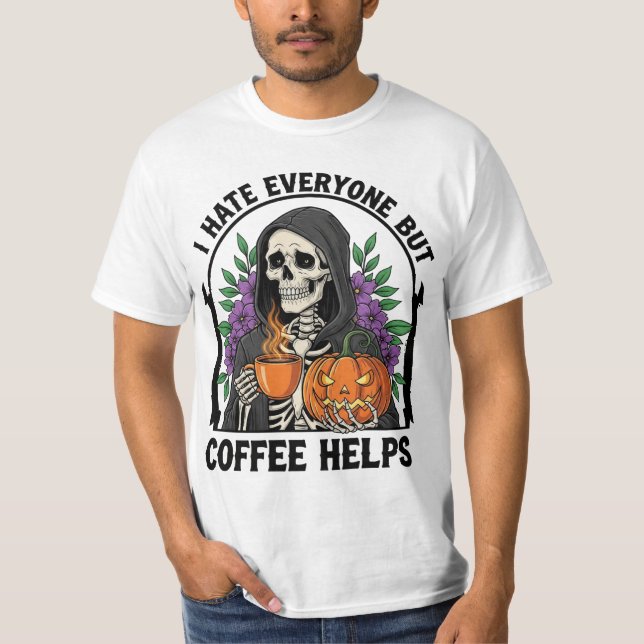 Skeleton Coffee Lover – Funny Halloween Design  T-Shirt (Front)