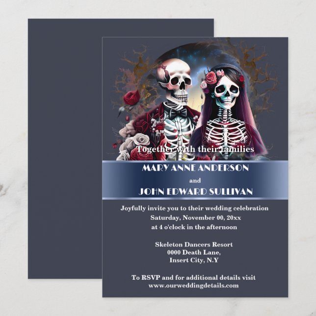 Skeleton couple burgundy dusky blue gothic wedding invitation (Front/Back)