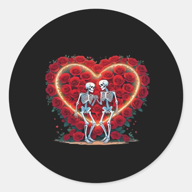 Skeleton Couple Holding Hands Inside A Heart Of Ro Classic Round Sticker (Front)