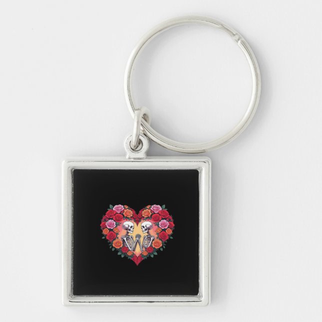 Skeleton Couple Holding Hands Inside A Heart Of Ro Key Ring (Front)