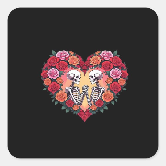 Skeleton Couple Holding Hands Inside A Heart Of Ro Square Sticker (Front)