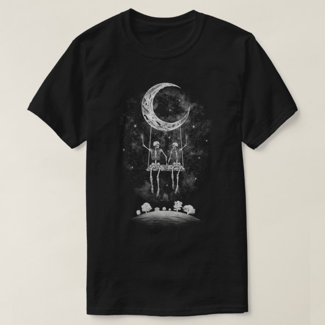 Skeleton Couple Holding Hands Rock On Moon Swing   T-Shirt (Design Front)