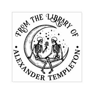 Skeleton Couple in Crescent Moon Library Book Name Self-inking Stamp