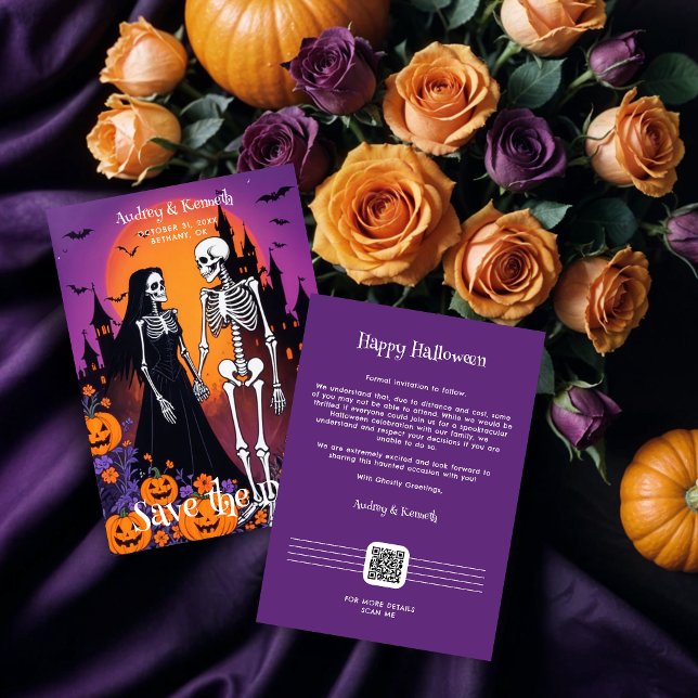 Skeleton Couple in Spooky Town at Dusk Wedding Save The Date (keleton Couple Holding Hands at a Halloween-Themed Save the Date Invitation in a Spooky Town at Dusk)