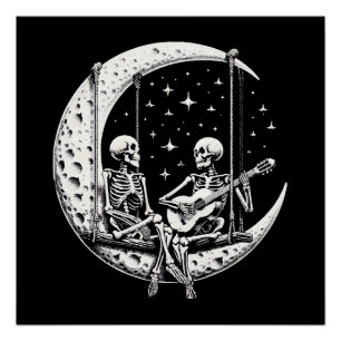 Skeleton Couple Moon Guitar Poster