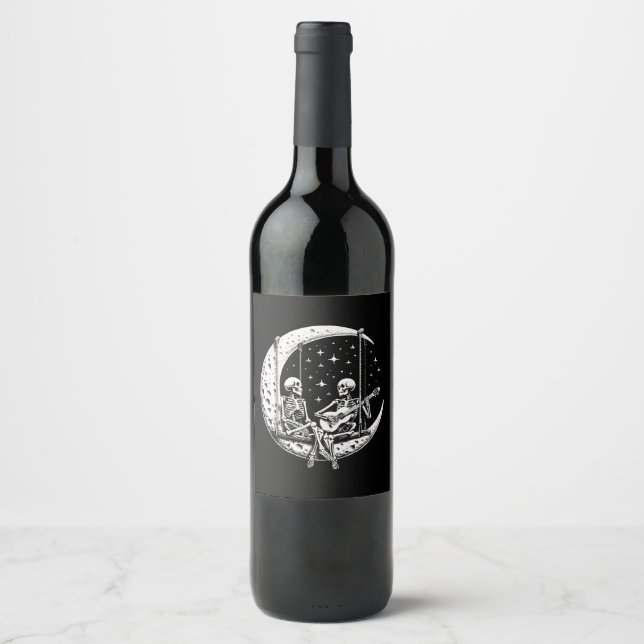 Skeleton Couple Moon Guitar Wine Label (Front)