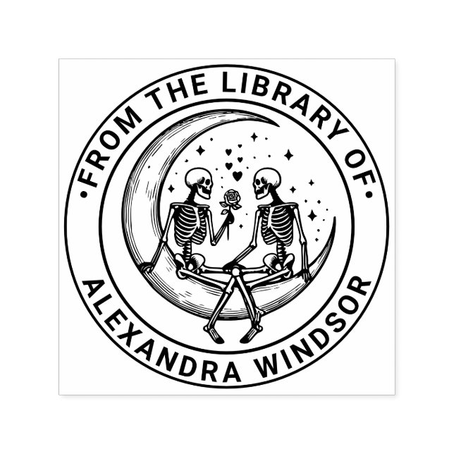 Skeleton Couple on Crescent Moon Library Book Name Self-inking Stamp (Design)