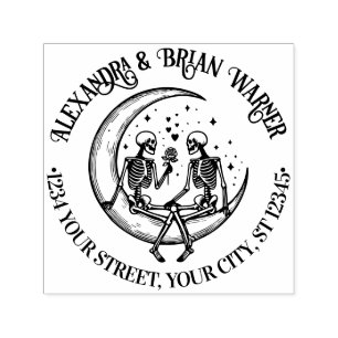 Skeleton Couple on Crescent Moon Name Ret Address Self-inking Stamp