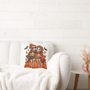 Skeleton Couple Pumpkin Spice Autumn Halloween Cushion