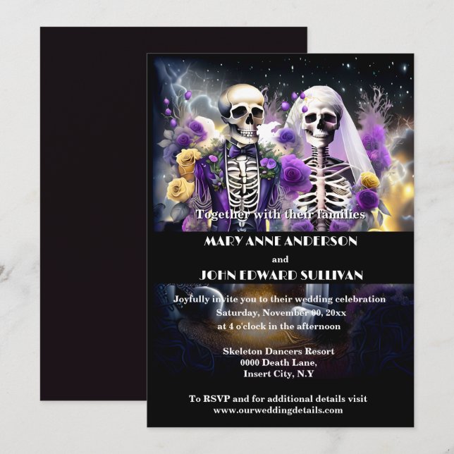 Skeleton couple purple yellow wedding invitation (Front/Back)