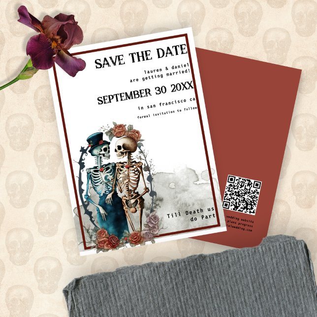 Skeleton Couple QR Code Gothic Wedding Save The Date (Front and Back View)