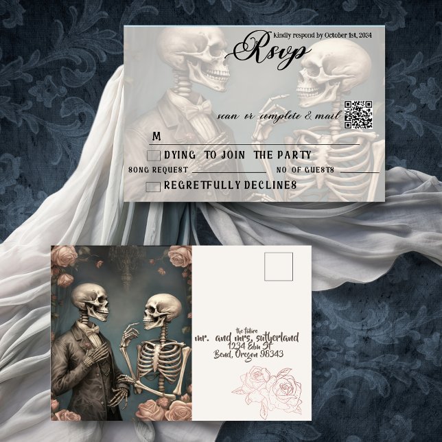 Skeleton Couple Til Death Do Us Part RSVP QR  Invitation Postcard (Gothic  RSVP postcard QR Code)