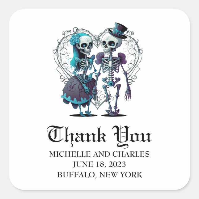 Skeleton Couple Wedding Thank You Square Sticker (Front)