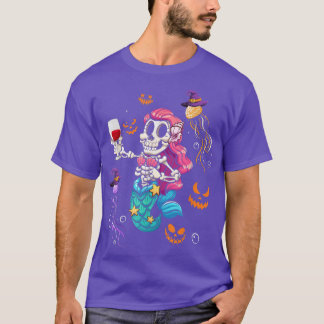 Skeleton Cute Mermaid Drinking Wine Halloween Skel T-Shirt