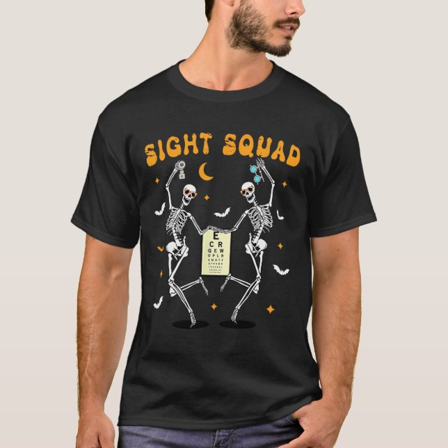 Skeleton Dancing Sight Squad Halloween Optometrist T-Shirt (Front)