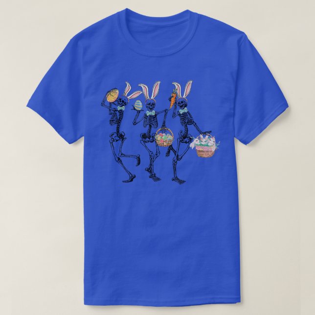 Skeleton Dancing With Bunny & Easter Eggs Cute Bun T-Shirt (Design Front)
