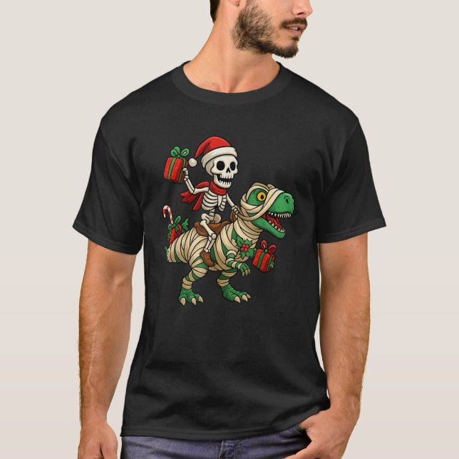 Skeleton Dinosaur Ugly Christmas Party Winter Holi T-Shirt (Front)