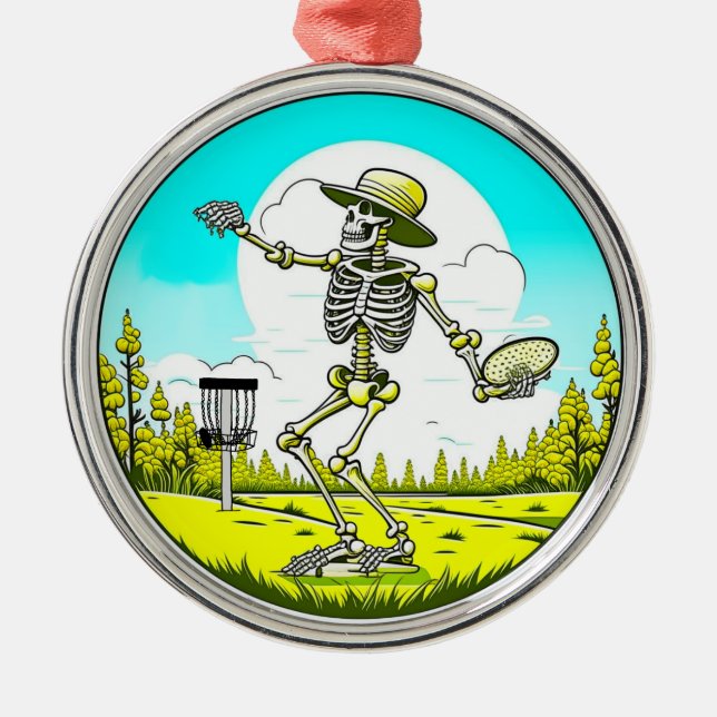 Skeleton Disc Golfing Themed Christmas Metal Tree Decoration (Front)