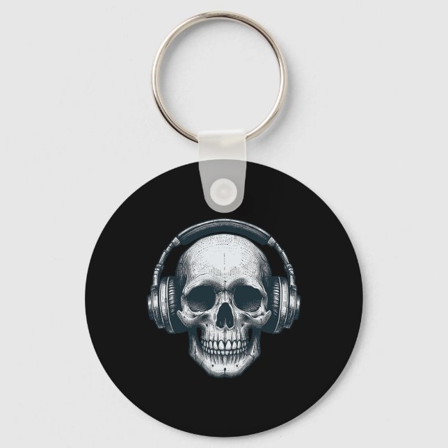 Skeleton Dj Headphones Spooky Skull Musician Hallo Key Ring (Front)