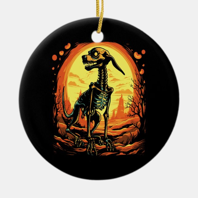 Skeleton Dog Halloween Art Ceramic Tree Decoration (Front)
