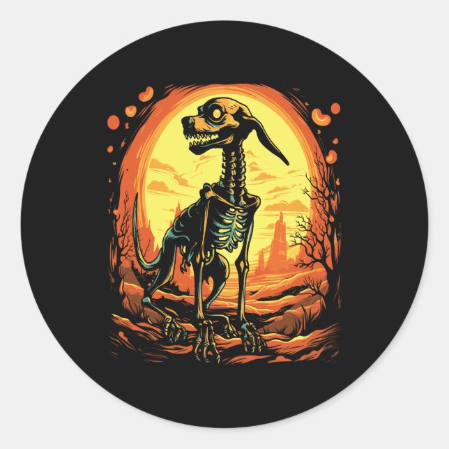 Skeleton Dog Halloween Art Classic Round Sticker (Front)