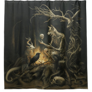 Skeleton Dog Moon Occult Dark Witchy AI Art Shower Curtain
