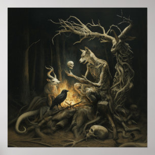 Skeleton Dog Moon Witchy AI Art Matte Value Poster