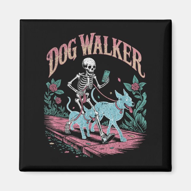 Skeleton Dog Walker With Ghost Dogs Funny Hallowee Magnet (Front)