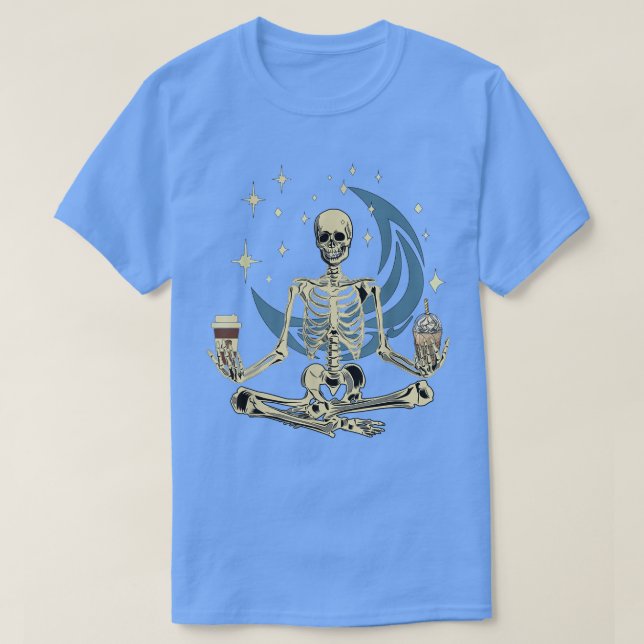 Skeleton Doing Yoga And Drinking Coffee Funny Medi T-Shirt (Design Front)