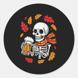 Skeleton Drinking Beer Funny Halloween Autumn Fall Classic Round Sticker