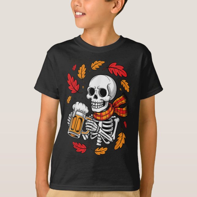 Skeleton Drinking Beer Funny Halloween Autumn Fall T-Shirt (Front)