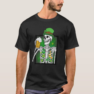 Skeleton Drinking Beer St Patricks Day Shamrock Dr T-Shirt
