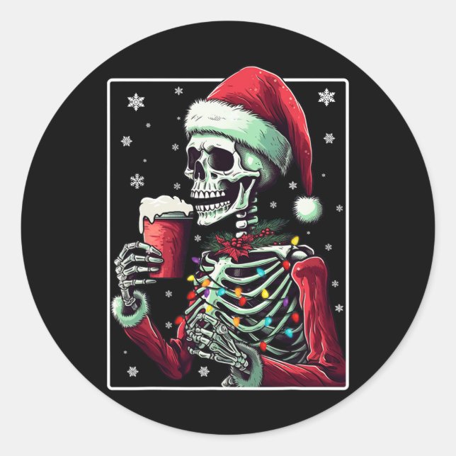 Skeleton Drinking Cocoa - Funny Hot Chocolate Xmas Classic Round Sticker (Front)