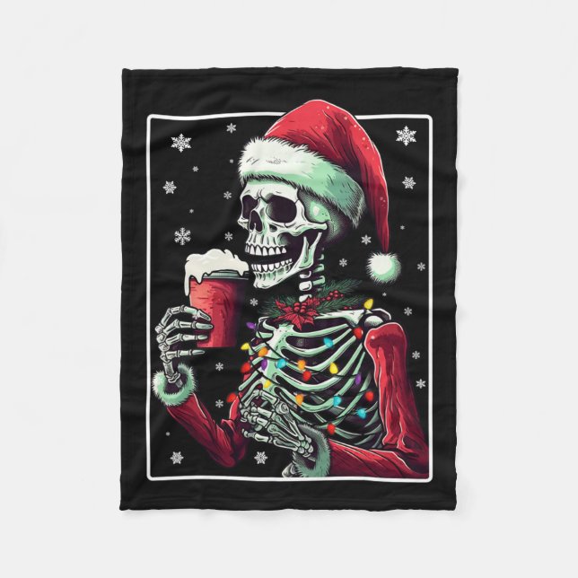 Skeleton Drinking Cocoa - Funny Hot Chocolate Xmas Fleece Blanket (Front)