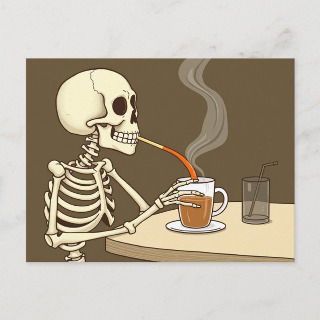 Skeleton Drinking Coffee Art Postcard (Front)