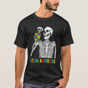 Skeleton Drinking Coffee Autism Awareness Puzzle P T-Shirt