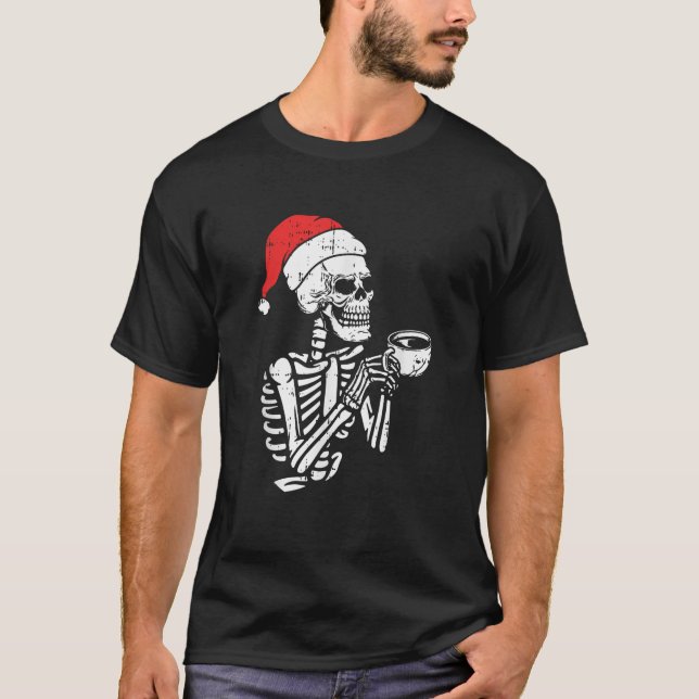 Skeleton Drinking Coffee Christmas Pajama X Mas Sa T-Shirt (Front)