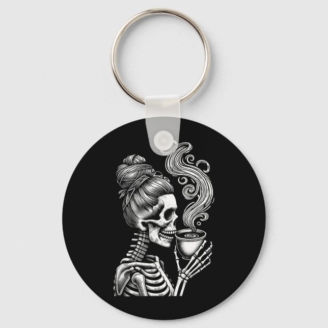 Skeleton Drinking Coffee Funny Halloween Costume Key Ring (Front)