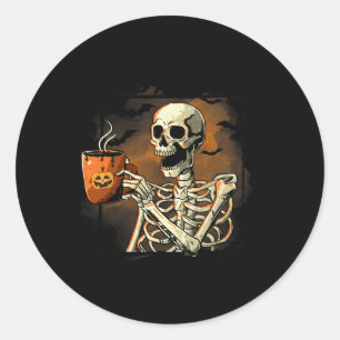 Skeleton Drinking Coffee Funny Skull Halloween Cos Classic Round Sticker