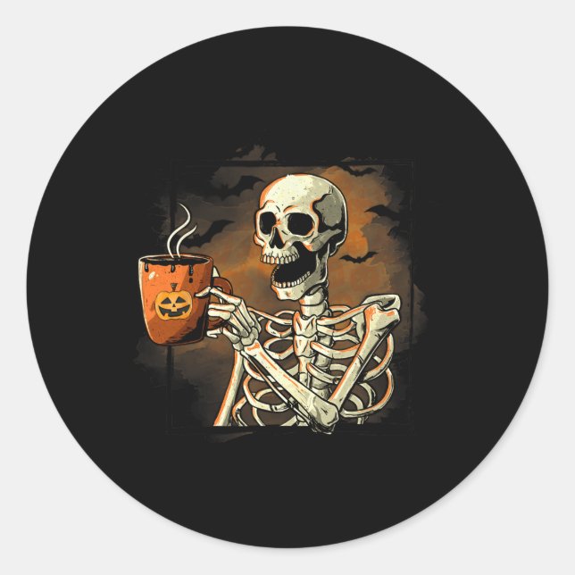 Skeleton Drinking Coffee Funny Skull Halloween Cos Classic Round Sticker (Front)