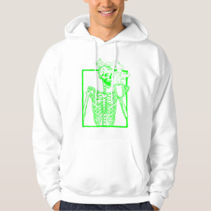 skeleton drinking coffee halloween acid green hoodie