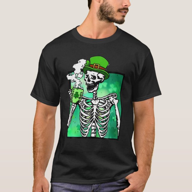 Skeleton Drinking Coffee Irish Shamrock St Patrick T-Shirt (Front)