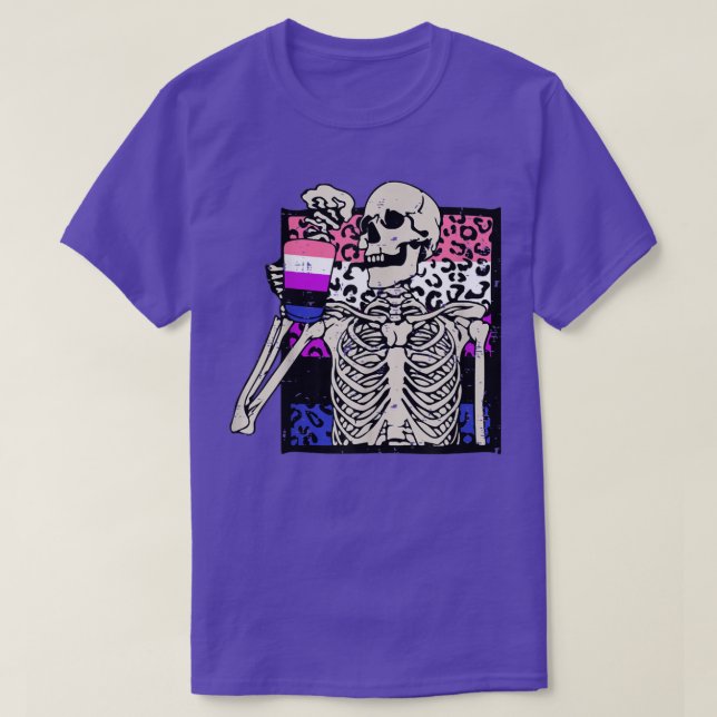 Skeleton Drinking Coffee LGBT Genderfluid Leopard  T-Shirt (Design Front)
