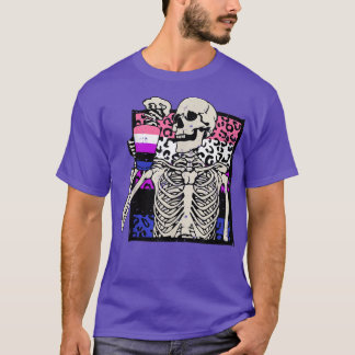 Skeleton Drinking Coffee LGBT Genderfluid Leopard  T-Shirt