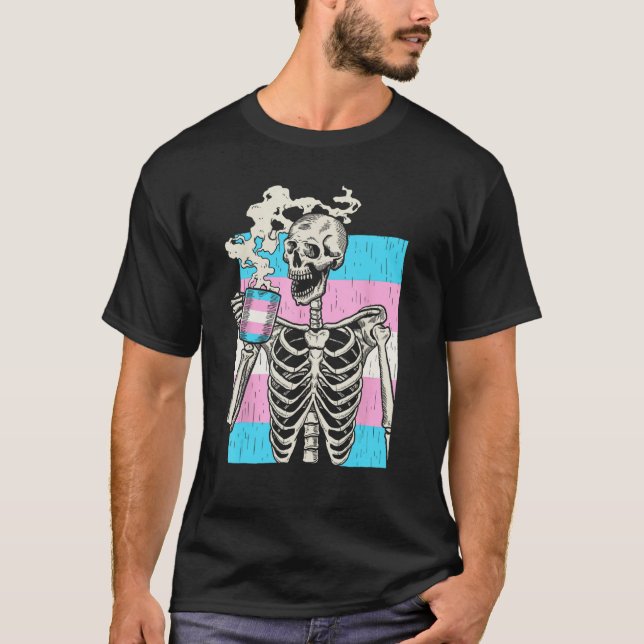 Skeleton Drinking Coffee LGBT Q Transgender Pride  T-Shirt (Front)
